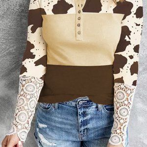 Apricot Cow Print Lace Cuff Long Sleeve Henley Top